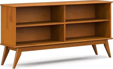 SIMPLIHOME Draper SOLID HARDWOOD 30 inch x 64 inch Mid Century Modern Low Bookcase in Teak Brown for The Living Room, Study Room and Office - LeafyLoom
