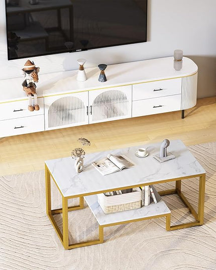 Coffee Table White Faux Marble Coffee Table for Living Room,2 Tiers Rectangle Center Table with Sturdy Metal Frame,Modern Marble Living RoomTable Accent Table for Bedroom Home Office - LeafyLoom
