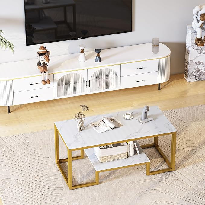 Coffee Table White Faux Marble Coffee Table for Living Room,2 Tiers Rectangle Center Table with Sturdy Metal Frame,Modern Marble Living RoomTable Accent Table for Bedroom Home Office - LeafyLoom
