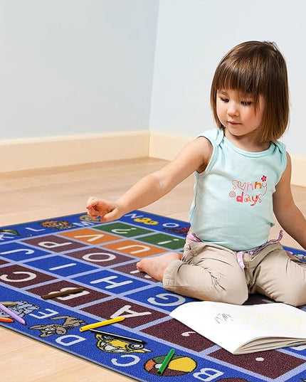 Machine Washable Educational Alphabet Design Non-Slip Rubberback 3x5 Kid's Area Rug for Playroom, Kid's Room, Bedroom, Kindergarten, 3'3" x 5', Blue - LeafyLoom