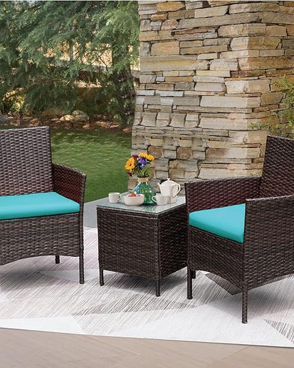Greesum 3 Pieces Patio Furniture Sets Outdoor PE Rattan Wicker Chairs with Soft Cushion and Glass Coffee Table for Garden Backyard Porch Poolside, Brown and Blue - LeafyLoom