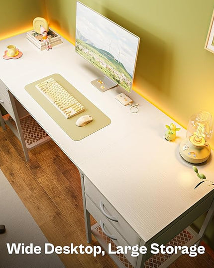 63 Inch Computer Desk with 4 Drawers, Office Desk with Mesh Shelf, Gaming Desk, Large Storage, Writing Desk Work Desk for Home Office, Study, Bedroom, Work from Home, White - LeafyLoom