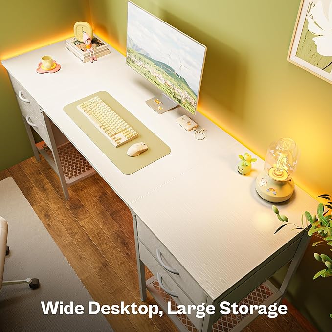 63 Inch Computer Desk with 4 Drawers, Office Desk with Mesh Shelf, Gaming Desk, Large Storage, Writing Desk Work Desk for Home Office, Study, Bedroom, Work from Home, White - LeafyLoom