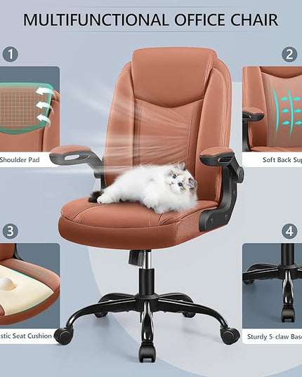 Office Chair Ergonomic Computer Desk Chair, Executive Leather Office Chair with Adjustable Flip-up Armrests Height, Swivel Task Chair with Lumbar Support Rocking Function for Home Office(Brown) - LeafyLoom
