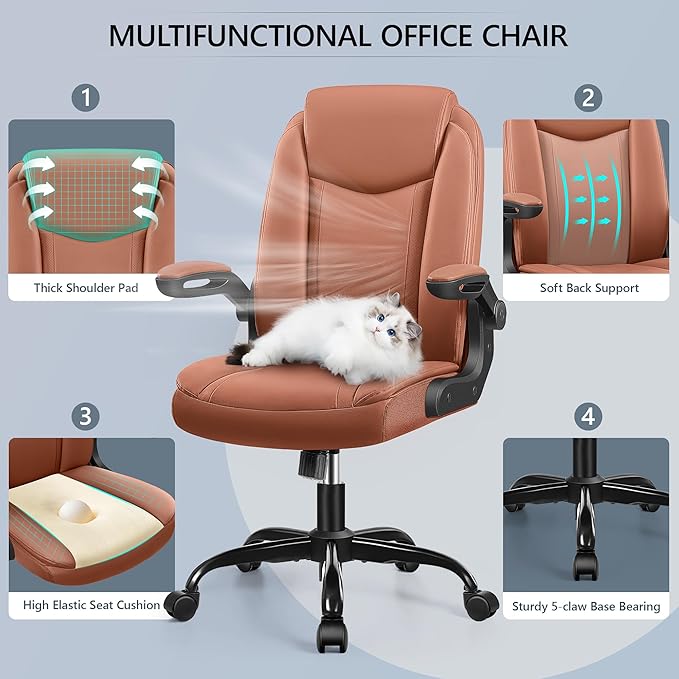 Office Chair Ergonomic Computer Desk Chair, Executive Leather Office Chair with Adjustable Flip-up Armrests Height, Swivel Task Chair with Lumbar Support Rocking Function for Home Office(Brown) - LeafyLoom