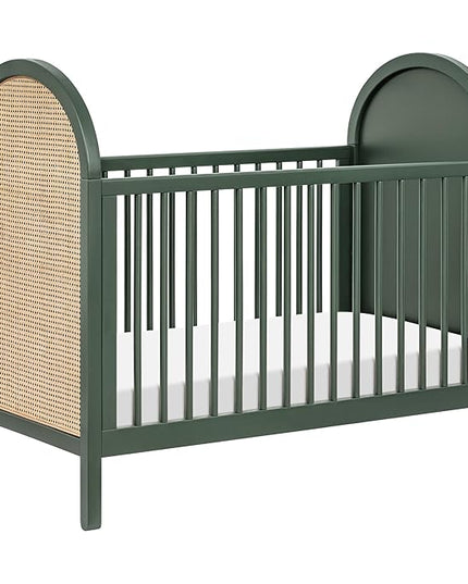 babyletto Bondi Cane 3-in-1 Convertible Crib with Toddler Bed Conversion Kit in Forest Green with Natural Cane, Greenguard Gold Certified - LeafyLoom