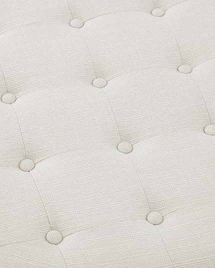 24KF Large Round Upholstered Tufted Linen Ottoman Coffee Table, Large Footrest Ottoman with Wood Shelf Storage-Ivory - LeafyLoom