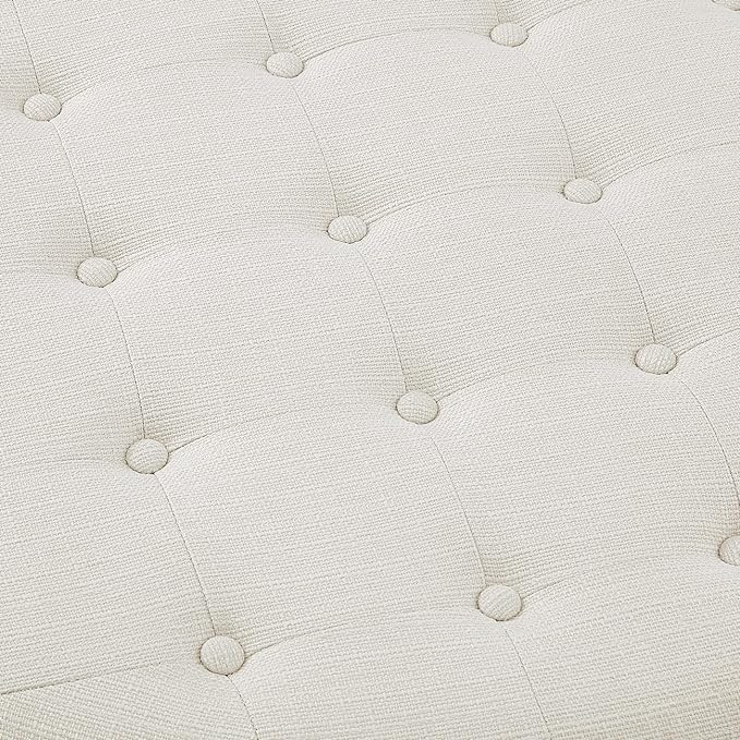 24KF Large Round Upholstered Tufted Linen Ottoman Coffee Table, Large Footrest Ottoman with Wood Shelf Storage-Ivory - LeafyLoom