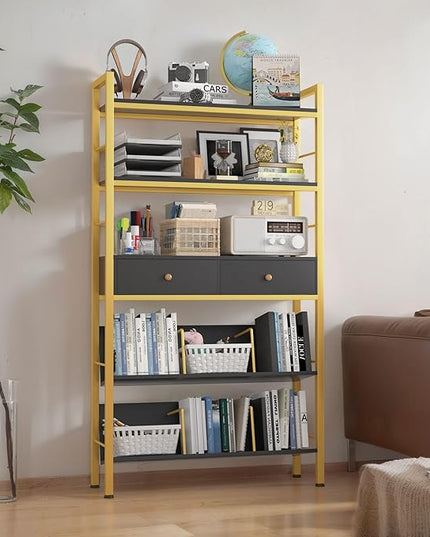 Bookshelf with Drawers-31.5'' Widen Industrial Book Shelf with Bookend,5-Tiers Tall Storage Shelves, Steel Frame Display Rack, Suitable for Bedroom, Office, Living Room-27'' Depth Black - LeafyLoom