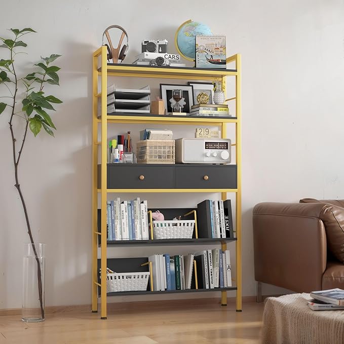 Bookshelf with Drawers-31.5'' Widen Industrial Book Shelf with Bookend,5-Tiers Tall Storage Shelves, Steel Frame Display Rack, Suitable for Bedroom, Office, Living Room-27'' Depth Black - LeafyLoom