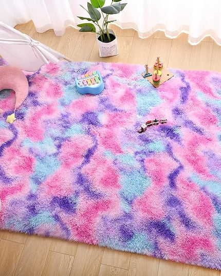 AROGAN Soft Rainbow Area Rugs for Girls Room 4x6 Feet, Fluffy Bedroom Rugs, Princess Rug, Cute Colorful Carpet for Kids Teens Nursery Toddler, Hot Pink - LeafyLoom