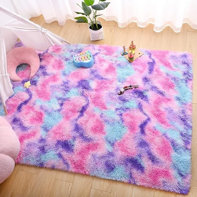 AROGAN Soft Rainbow Area Rugs for Girls Room 4x6 Feet, Fluffy Bedroom Rugs, Princess Rug, Cute Colorful Carpet for Kids Teens Nursery Toddler, Hot Pink - LeafyLoom