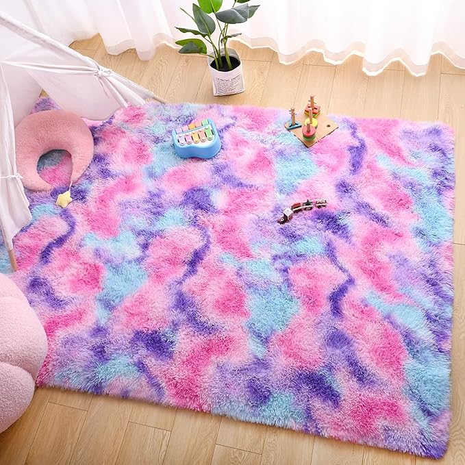 AROGAN Soft Rainbow Area Rugs for Girls Room 3x5 Feet, Fluffy Cute Colorful Princess Carpet for Kids Teens Nursery Toddler,Bedroom Hot Pink - LeafyLoom