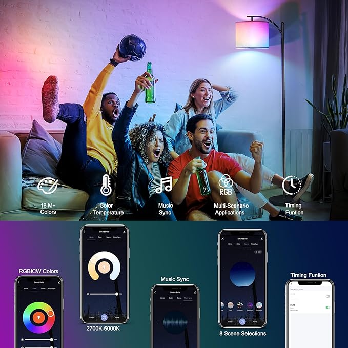 SUNMORY ARC Floor lamp, Smart APP Remote Control Standing floor lamp with RGB Bulb, Tall Lamp with Hanging Lampshade, Dimmable Floor Lamp, Modern Floor Lamps for Living Room, Bedroom, Office - LeafyLoom