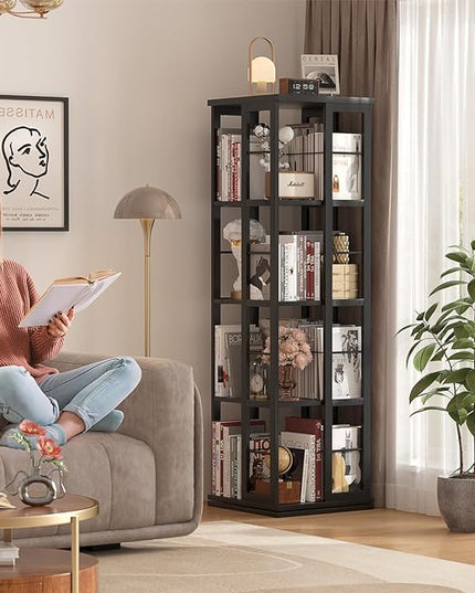 Aheaplus Rotating Bookshelf, Corner Bookshelf, 360 Display Wood Spinning Bookshelf, Floor Standing Bookcase Narrow Shelf Revolving Organizer Storage Rack for Small Space, Bedroom, Study Room, Black - LeafyLoom