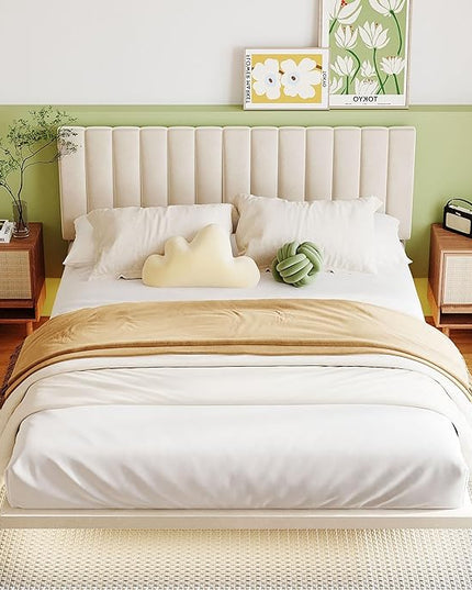 RITSU Queen Size Upholstered Floating Velvet Platform Bed with Sensor Light and Headboard, Plywood & Solid Bedframe, for Apartment Bedroom, No Need for Box Springs, Beige - LeafyLoom