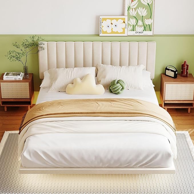RITSU Queen Size Upholstered Floating Velvet Platform Bed with Sensor Light and Headboard, Plywood & Solid Bedframe, for Apartment Bedroom, No Need for Box Springs, Beige - LeafyLoom