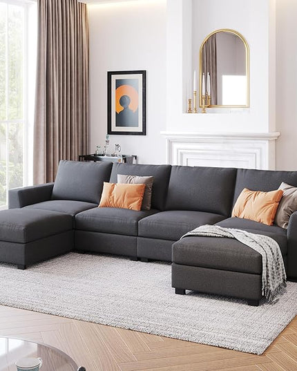 130.7" Large Sectional Sofa with Removable Ottomans, 3-Pieces Modular Upholstered Couch w/Double Chaise Lounges for Living Room Apartment Home,Spacious Space, 130.7 Inch, Gray - LeafyLoom