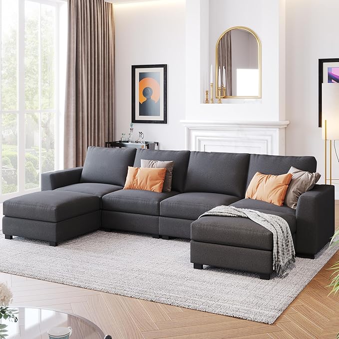 130.7" Large Sectional Sofa with Removable Ottomans, 3-Pieces Modular Upholstered Couch w/Double Chaise Lounges for Living Room Apartment Home,Spacious Space, 130.7 Inch, Gray - LeafyLoom