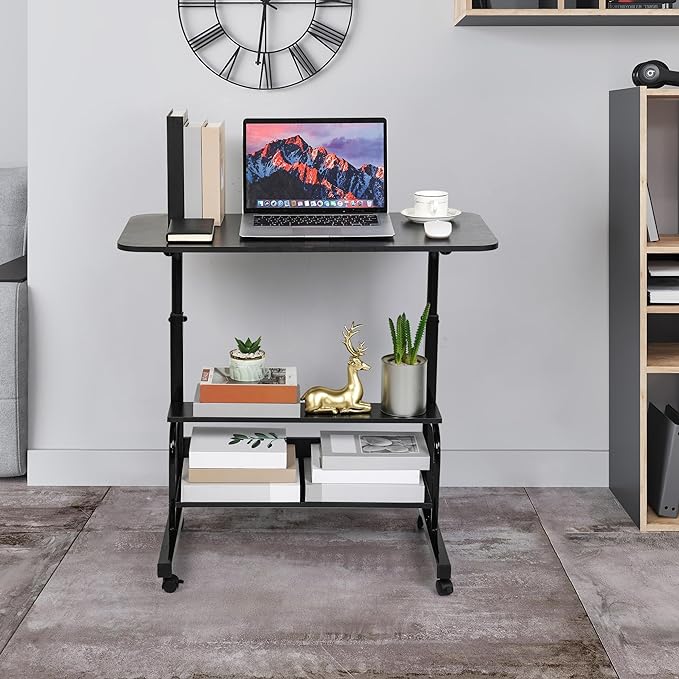 Adjustable Mobile Laptop Desk Portable Detachable Wheels Home Office Desk Height, Bedside Table Additional Storage Rack Small Spaces Veranda Office Desk Size 15.7 * 31.5 Inch Black - LeafyLoom