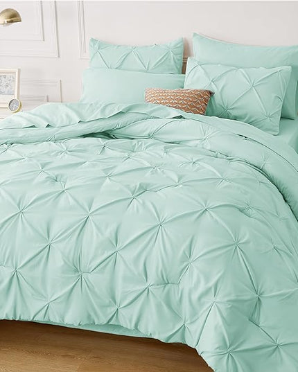 Bedsure Twin XL Comforter Set - Extra Long 5 Pieces Dorm Room Essentials, Pinch Pleat Mint Green Bed in a Bag with Comforter, Sheets, Pillowcase & Sham, Kids Bedding Set - LeafyLoom