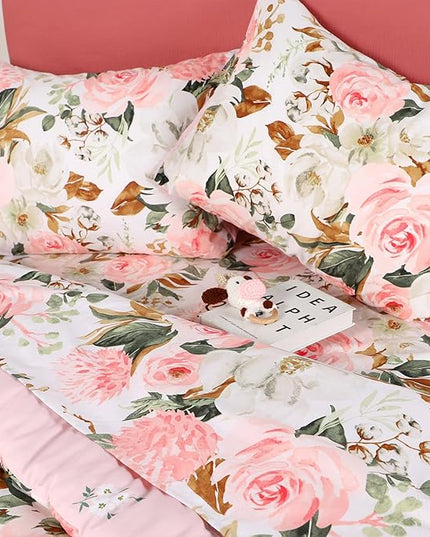 DILIMI Full Size Comforter Set for Girls, Reversible Comforter Full Size, 5 Pieces Ultra Soft Pink Floral Full Size Bed Comforter Sets with Sheet, Comforter, Flat Sheet, 2 Pillowcase - LeafyLoom