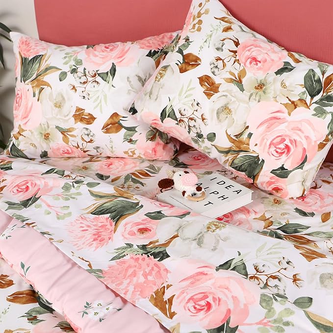 DILIMI Full Size Comforter Set for Girls, Reversible Comforter Full Size, 5 Pieces Ultra Soft Pink Floral Full Size Bed Comforter Sets with Sheet, Comforter, Flat Sheet, 2 Pillowcase - LeafyLoom