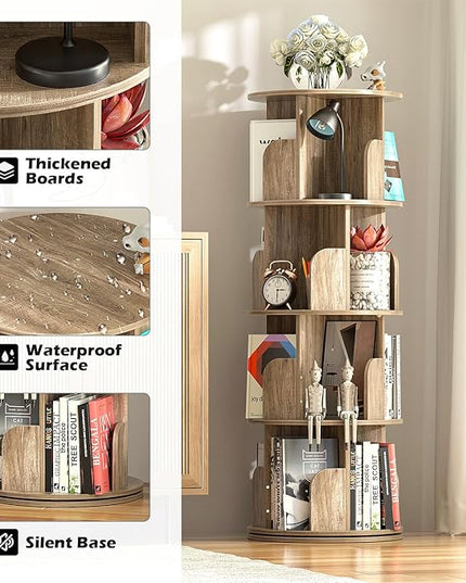 Nisorpa 4 Tier Rotating Bookshelf, 360° Revolving Bookcase Wood Rotating Stackable Shelves Floor-Standing Storage Display Rack Used in Bedrooms Living Rooms Study Office (52"x18"x18") - LeafyLoom