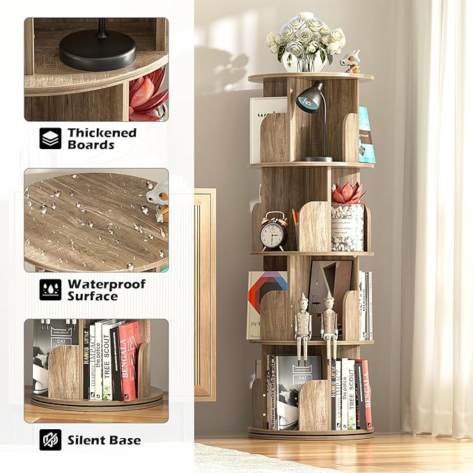 Nisorpa 4 Tier Rotating Bookshelf, 360° Revolving Bookcase Wood Rotating Stackable Shelves Floor-Standing Storage Display Rack Used in Bedrooms Living Rooms Study Office (52"x18"x18") - LeafyLoom
