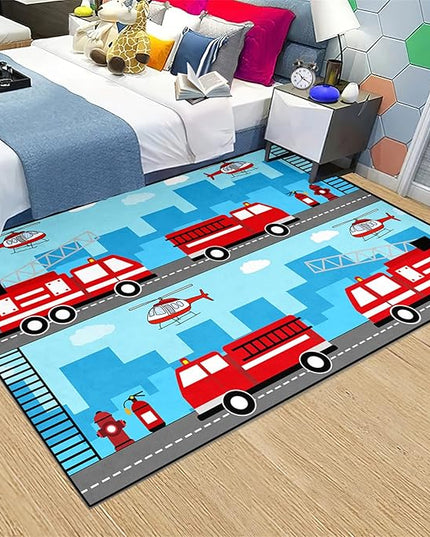 Car Rug Play Mat Car Rug Play Mat Car Rug for Boys Room Fire Fighting Truck Red Car Printed Rug Play Rug for Cars and Trucks Play Rugs for Kids Rooms,Light Blue 5'×7' - LeafyLoom