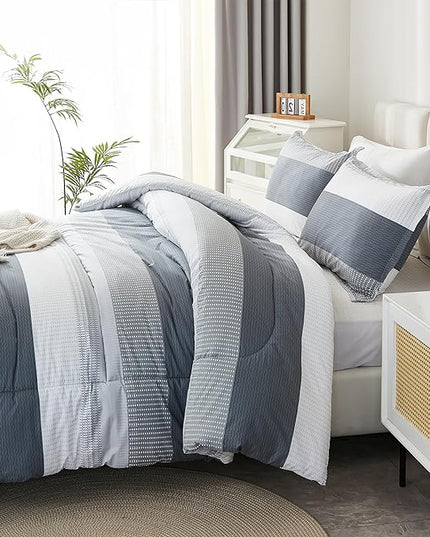 Litanika Comforter King Size Bed Set Light Grey - 3 Pieces Lightweight Bedding Comforter Sets Gray White Colorblock Stripe Fluffy All Season Bed Set - LeafyLoom