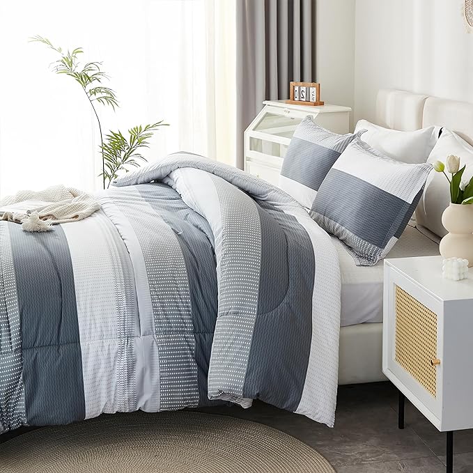 Litanika Twin/Twin XL Comforter Set Dorm Bedding Grey, 2 Pieces Twin Extra Long Comforter & Sets Light Gray White Colorblock Stripe, All Season Bed Set - LeafyLoom