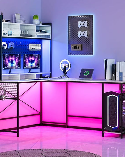 Lvifur 67” L Shaped Desk with Wireless Charging Station,24-Color RGB Dimmable Computer Desk with Pegboard,Gaming Desk with Monitor Stand, Display Stand,Human Sensor Lights for Home Office - LeafyLoom