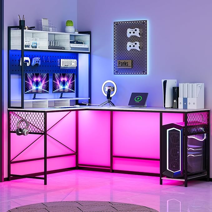 Lvifur 67” L Shaped Desk with Wireless Charging Station,24-Color RGB Dimmable Computer Desk with Pegboard,Gaming Desk with Monitor Stand, Display Stand,Human Sensor Lights for Home Office - LeafyLoom