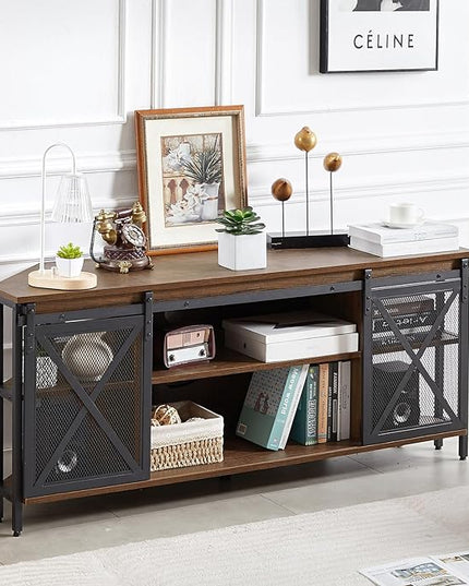 HOMISSUE Corner TV Stand, Corner TV Stand for 55 60 Inch TV, Industrial & Farmhouse Corner Entertainment Center w/Sliding Barn Door, Corner TV Cabinet for Living Room, Brown - LeafyLoom