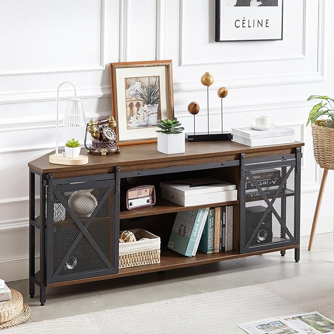 HOMISSUE Corner TV Stand, Corner TV Stand for 55 60 Inch TV, Industrial & Farmhouse Corner Entertainment Center w/Sliding Barn Door, Corner TV Cabinet for Living Room, Brown - LeafyLoom