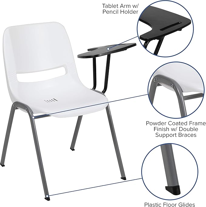 Flash Furniture HERCULES 5 Pack White Ergonomic Shell Chair with Left Handed Flip-Up Tablet Arm - LeafyLoom