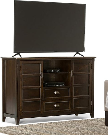 SIMPLIHOME Burlington SOLID WOOD Universal TV Media Stand, 54 inch Wide, Traditional, Living Room Entertainment Center with Storage, for Flat Screen TVs up to 60 inches in Mahogany Brown - LeafyLoom