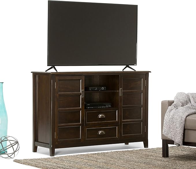 SIMPLIHOME Burlington SOLID WOOD Universal TV Media Stand, 54 inch Wide, Traditional, Living Room Entertainment Center with Storage, for Flat Screen TVs up to 60 inches in Mahogany Brown - LeafyLoom