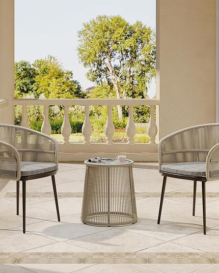 EAST OAK 3-Piece Patio Bistro Set, Patio Conversation Bistro Set with 2 Wide Ergonomic Chairs, Cushions & Glass Top Side Table, Outdoor All-Weather Wicker Furniture for Porch, Backyard, Brown & Grey - LeafyLoom