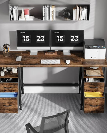 63'' Office Desk with 4 Fabric File Drawers - File Drawer Organization, Computer Work Desk, Study Writing Table, Home Office Workstation, Rustic Brown. - LeafyLoom