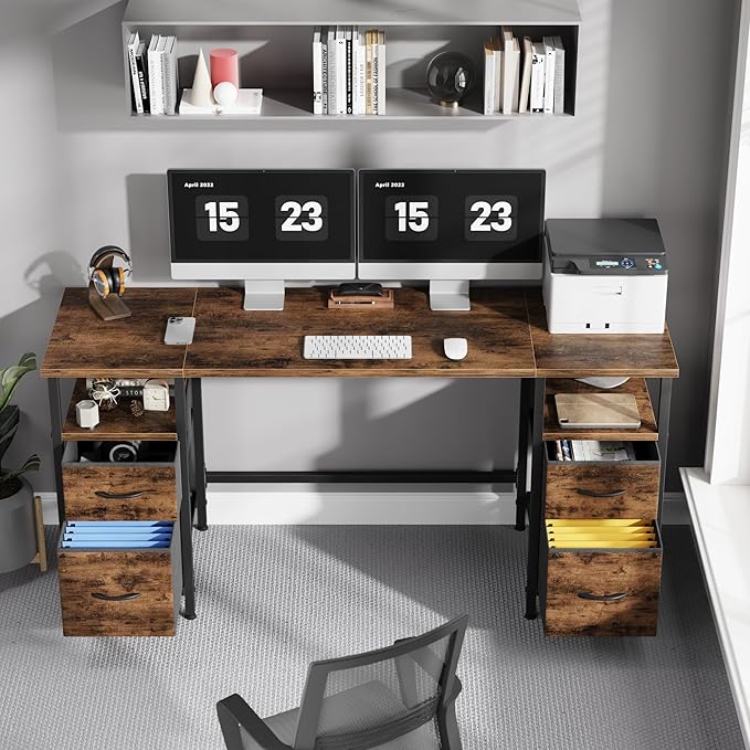 63'' Office Desk with 4 Fabric File Drawers - File Drawer Organization, Computer Work Desk, Study Writing Table, Home Office Workstation, Rustic Brown. - LeafyLoom