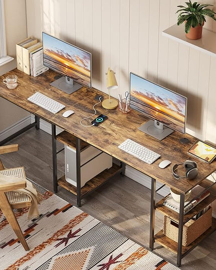 Bestier L Shaped Desk with Shelves 86.6 Inch Reversible Corner Computer Desk or 2 Person Long Table for Home Office Large Gaming Writing Storage Workstation P2 Board with 3 Cable Holes, Rustic Brown - LeafyLoom
