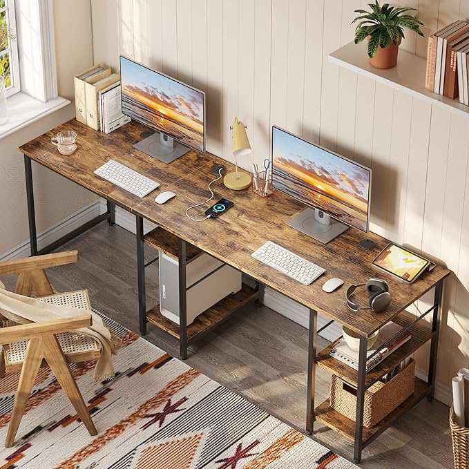 Bestier L Shaped Desk with Shelves 86.6 Inch Reversible Corner Computer Desk or 2 Person Long Table for Home Office Large Gaming Writing Storage Workstation P2 Board with 3 Cable Holes, Rustic Brown - LeafyLoom