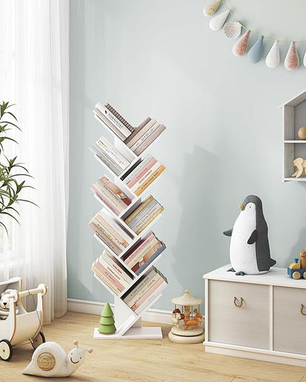 Hoctieon 10 Tier Tree Bookshelf, 10 Shelf Bookcase, Free Standing Tree Bookcase, Display Floor Standing Shelf for Books, Book Shelf Organizer, White - LeafyLoom