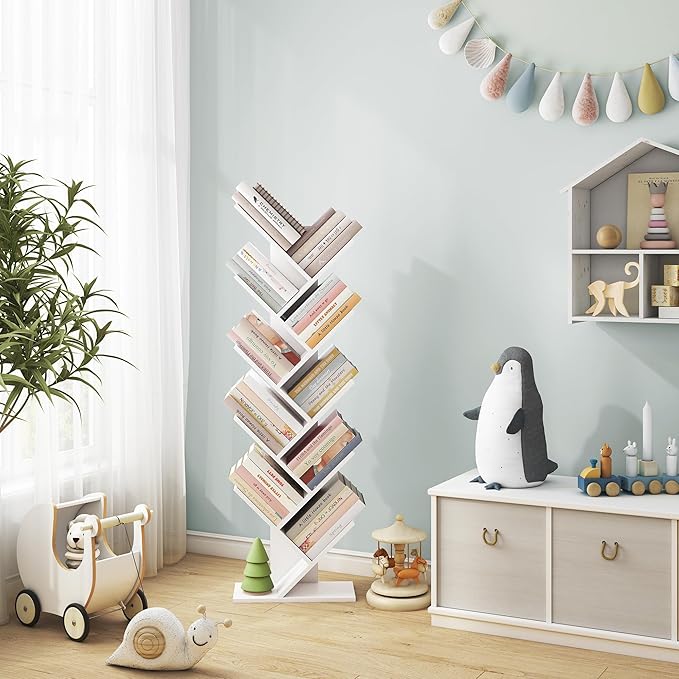 Hoctieon 10 Tier Tree Bookshelf, 10 Shelf Bookcase, Free Standing Tree Bookcase, Display Floor Standing Shelf for Books, Book Shelf Organizer, White - LeafyLoom