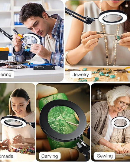 Magnifying Glass with Light and Stand, 3-in-1 Gooseneck Arms 3 Color Modes Stepless Dimmable, 10x&5X LED Desktop Magnifier with light Hands Free for Workbench Reading Crafts Painting Hobby Close Work - LeafyLoom