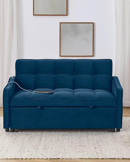 Functional Love Seat Sofabed W/TypeC & USB Port and Copper Nail Decor, Modern Loveseat Sofa Convertible Pull Out Sleeper Couch Bed for Apartment Office Living Room, 53.", Blue-1413 - LeafyLoom