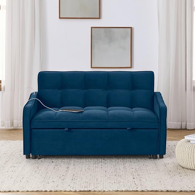 Functional Love Seat Sofabed W/TypeC & USB Port and Copper Nail Decor, Modern Loveseat Sofa Convertible Pull Out Sleeper Couch Bed for Apartment Office Living Room, 53.", Blue-1413 - LeafyLoom