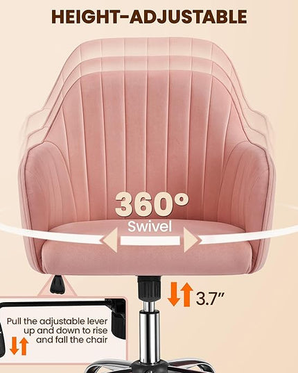 Yaheetech Velvet Vanity Chair Makeup Chair Cute Office Chair Aesthetic Desk Chair Height Adjustable Task Chairs 360° Swivel Computer Chair Living Room Chairs with Arms&Stainless Base Accent Pink - LeafyLoom